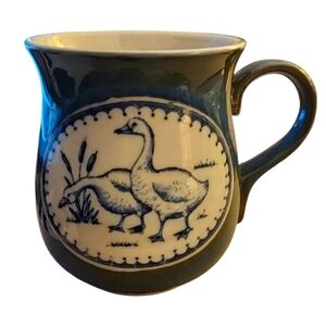 Blue Green Brown Drip Paint Stoneware Ceramic Mug Goose Duck Country Cottagecore